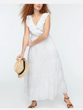 J. Crew White Ruffle Front Tiered Maxi Dress White Size 10 NWT